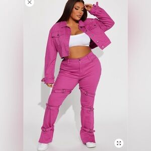 Vibrant Pink Denim Jacket and Pants Set